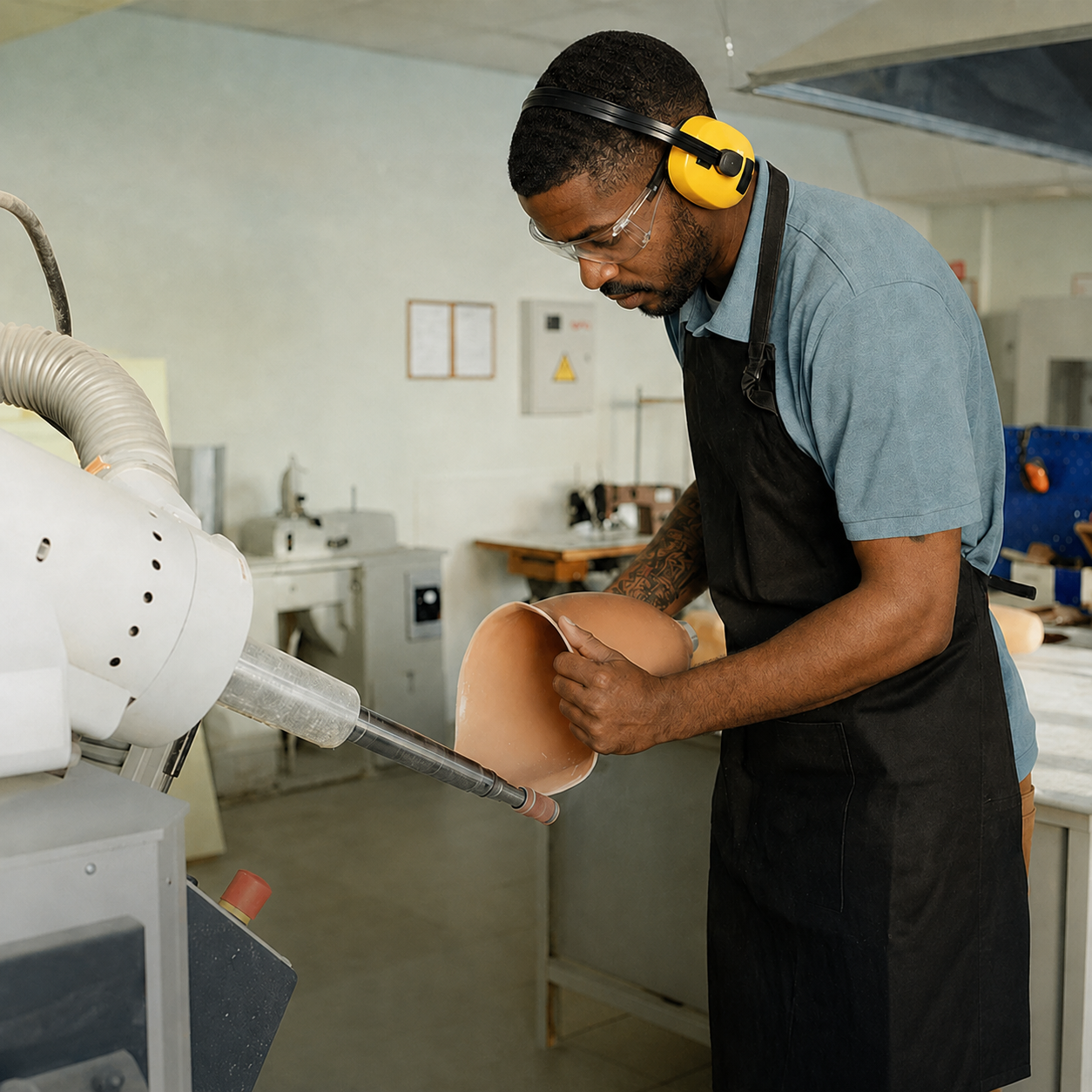 Fabricator shaping a prosthetic socket in a workshop